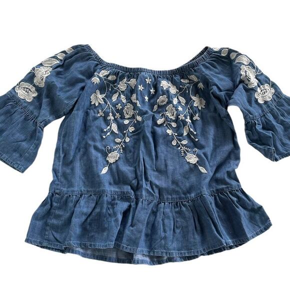 Blue Rain Top Women X Small Blue Chambray Floral Embroidered Off Shoulder - Picture 2 of 8